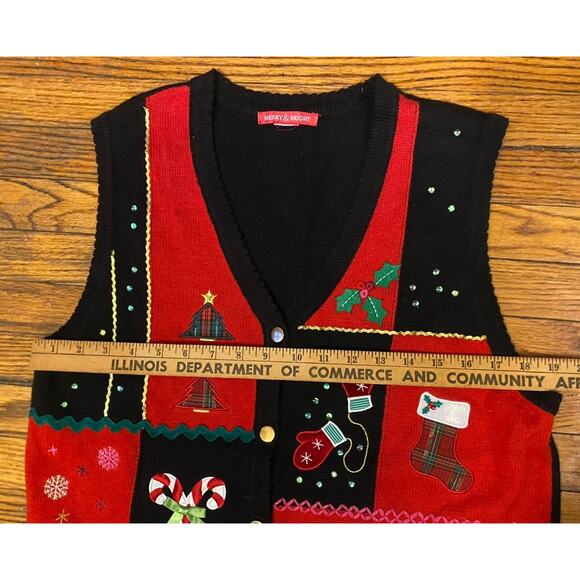 Vintage Christmas Ugly Sweater Cardigan Appliqué Jewels Women M/L Merry & Bright - Picture 6 of 6